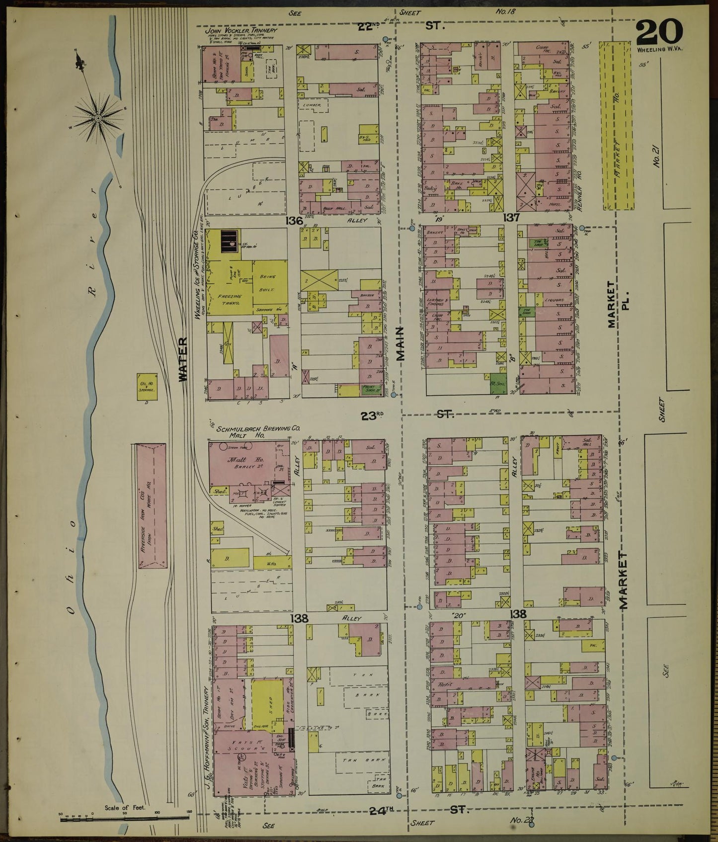 Sanborn Fire Insurance Map from Wheeling, Ohio County, West Virginia (1890), Sheet #0020 - Historic Sanborn Fire Insurance Map Print, vintage old map wall art, antique decor, genealogy gift, West Virginia West Virginia map