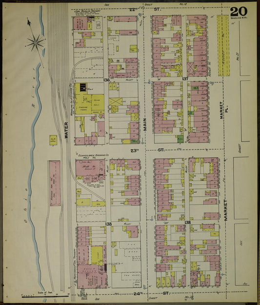 Sanborn Fire Insurance Map from Wheeling, Ohio County, West Virginia (1890), Sheet #0020 - Historic Sanborn Fire Insurance Map Print, vintage old map wall art, antique decor, genealogy gift, West Virginia West Virginia map