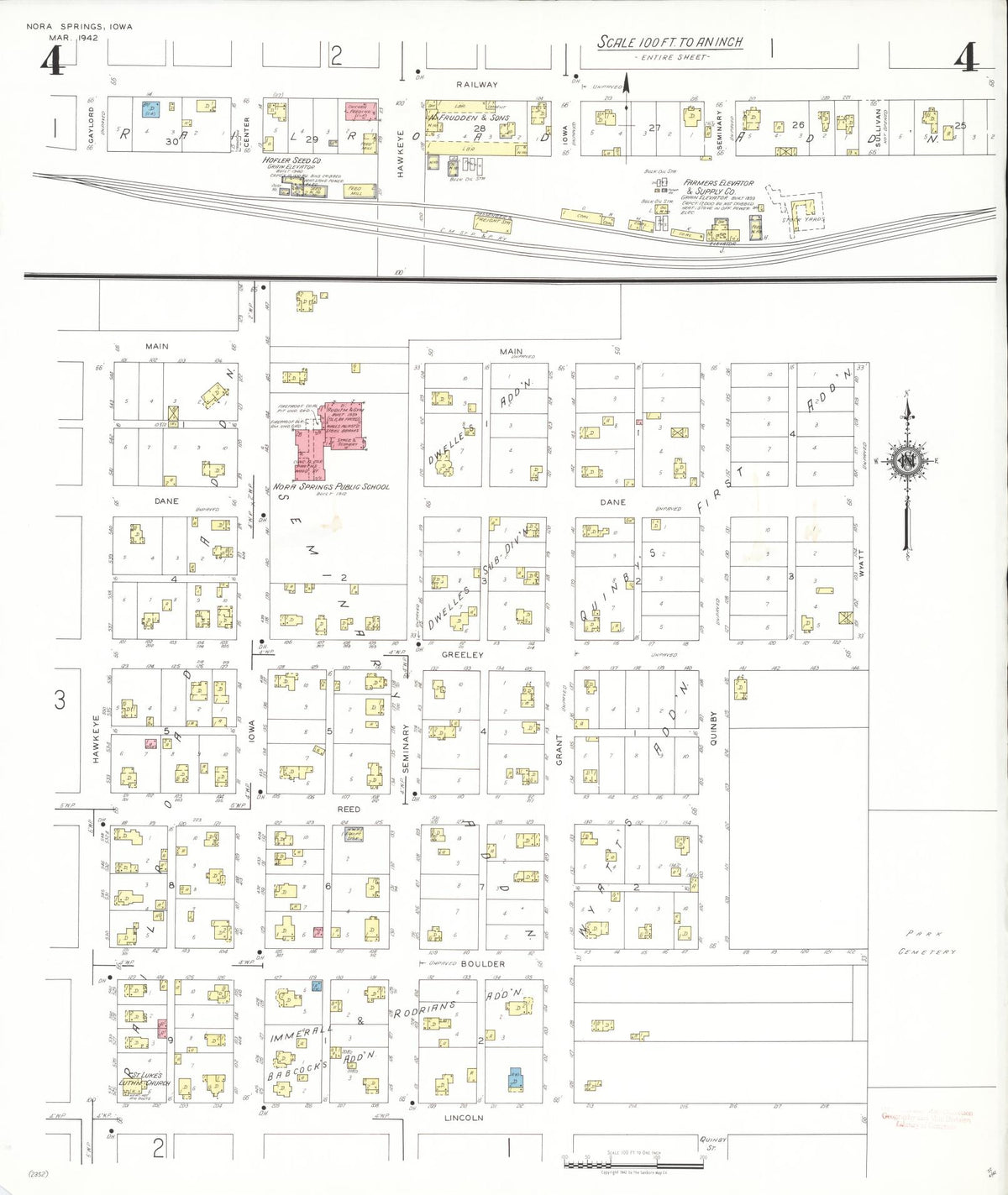 Sanborn Fire Insurance Map from Nora Springs, Floyd County, Iowa (1942), Sheet #0004 - Historic Sanborn Fire Insurance Map Print, vintage old map wall art