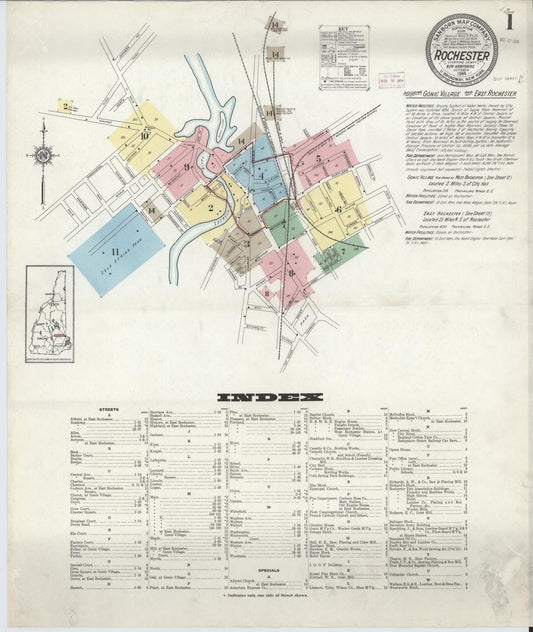 Sanborn Fire Insurance Map from Rochester, Strafford County, New Hampshire (1914), Sheet #0001 - Historic Sanborn Fire Insurance Map Print, vintage old map wall art, antique decor, genealogy gift, New Hampshire New Hampshire map