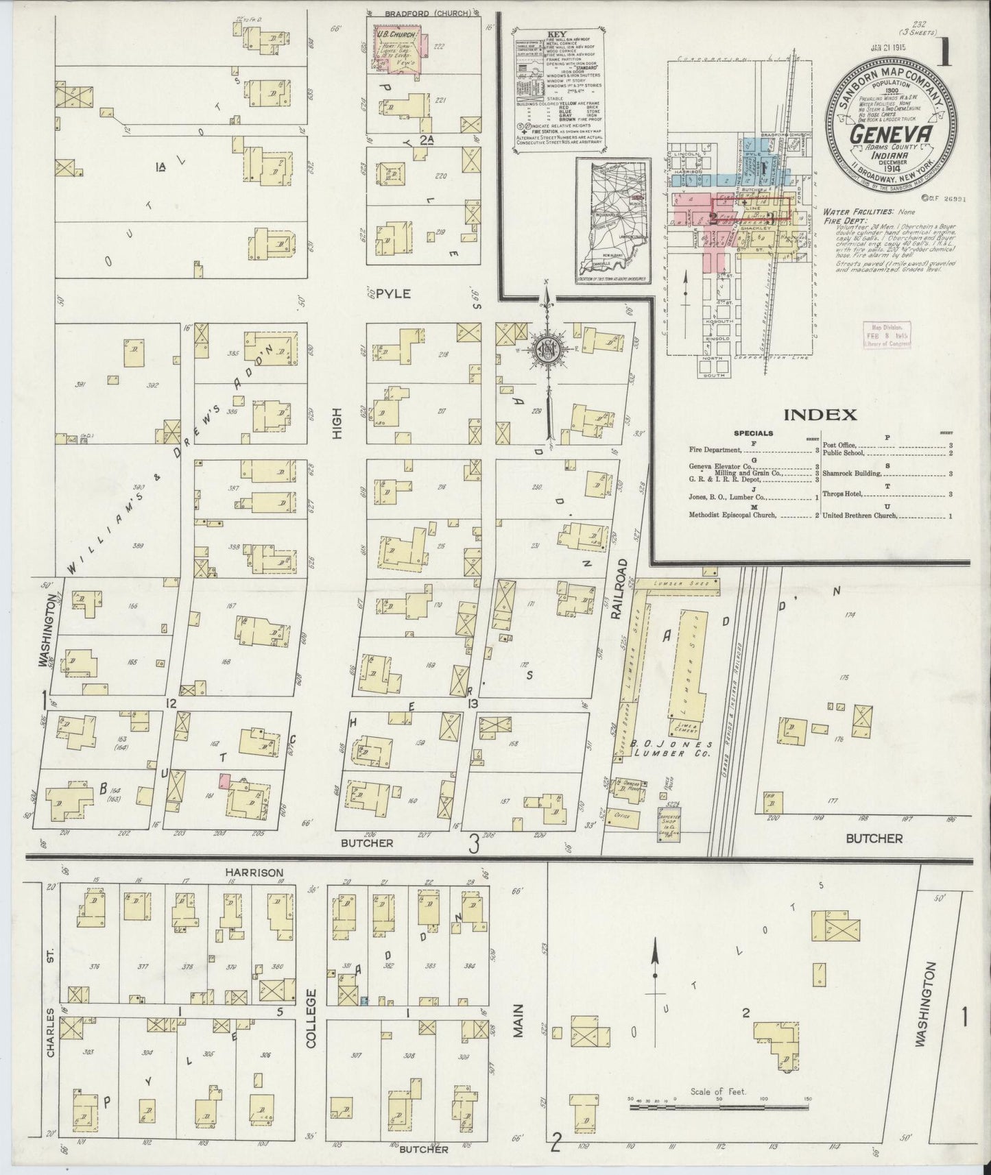 Sanborn Fire Insurance Map from Geneva, Adams County, Indiana (1914), Sheet #0001 - Historic Sanborn Fire Insurance Map Print, vintage old map wall art, antique decor, genealogy gift, Indiana Indiana map