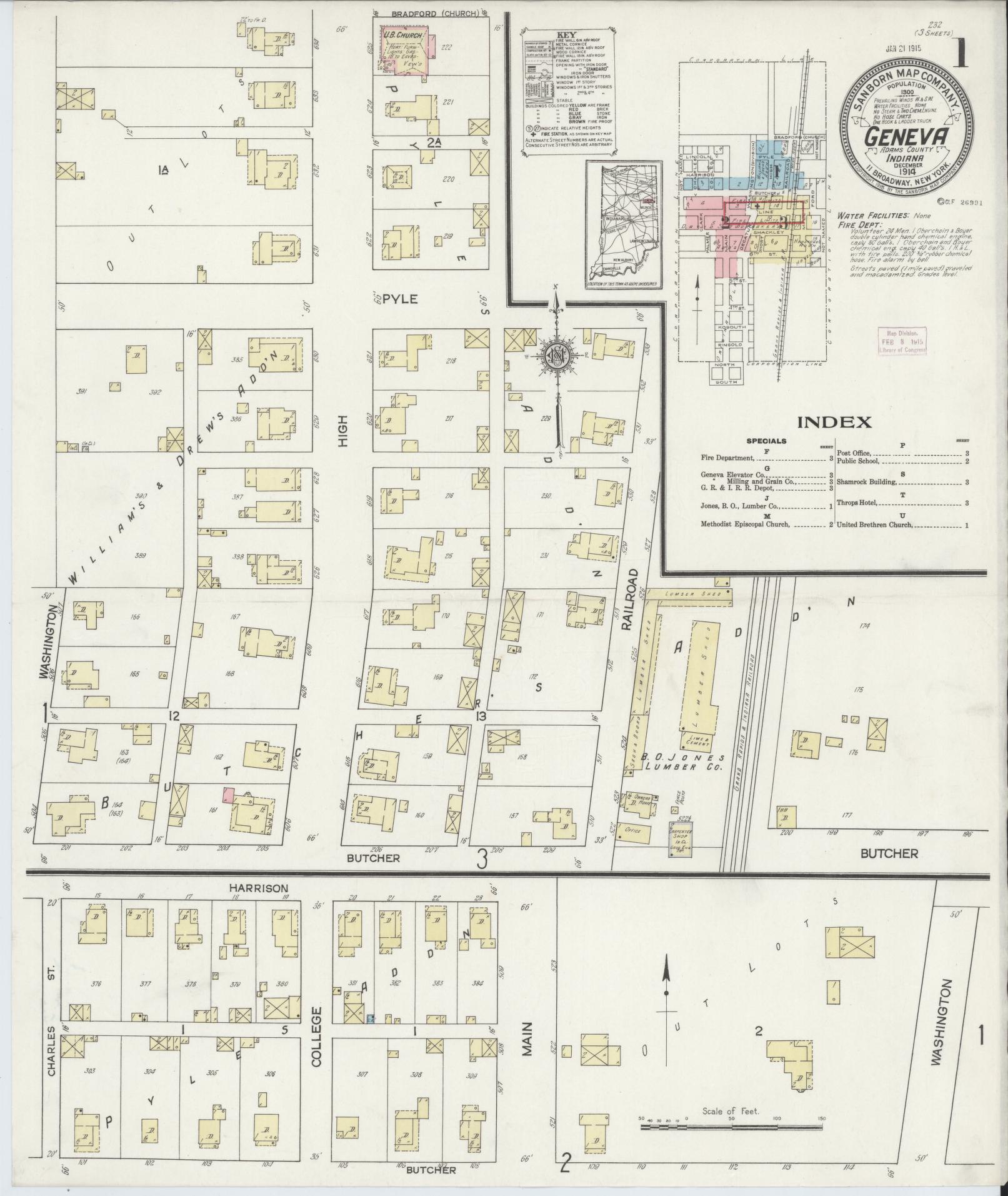 Sanborn Fire Insurance Map from Geneva, Adams County, Indiana (1914), Sheet #0001 - Historic Sanborn Fire Insurance Map Print, vintage old map wall art, antique decor, genealogy gift, Indiana Indiana map