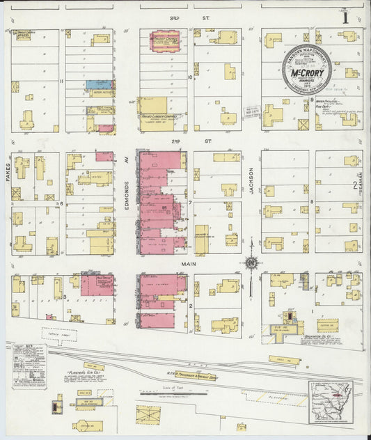 Sanborn Fire Insurance Map from McCrory, Woodruff County, Arkansas (1919), Sheet #0001 - Historic Sanborn Fire Insurance Map Print, vintage old map wall art, antique decor, genealogy gift, Arkansas Arkansas map