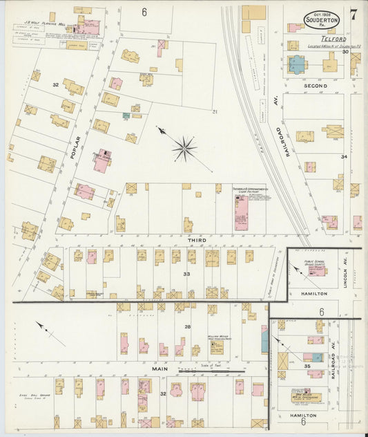 Sanborn Fire Insurance Map from Souderton, Montgomery County, Pennsylvania (1908), Sheet #0007 - Historic Sanborn Fire Insurance Map Print, vintage old map wall art, antique decor, genealogy gift, Pennsylvania Pennsylvania map