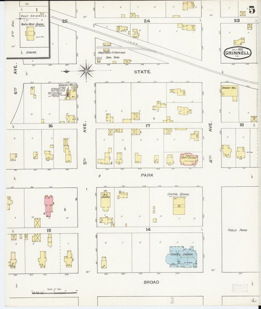 Sanborn Fire Insurance Map from Grinnell, Poweshiek County, Iowa (1893), Sheet #0005 - Historic Sanborn Fire Insurance Map Print, vintage old map wall art