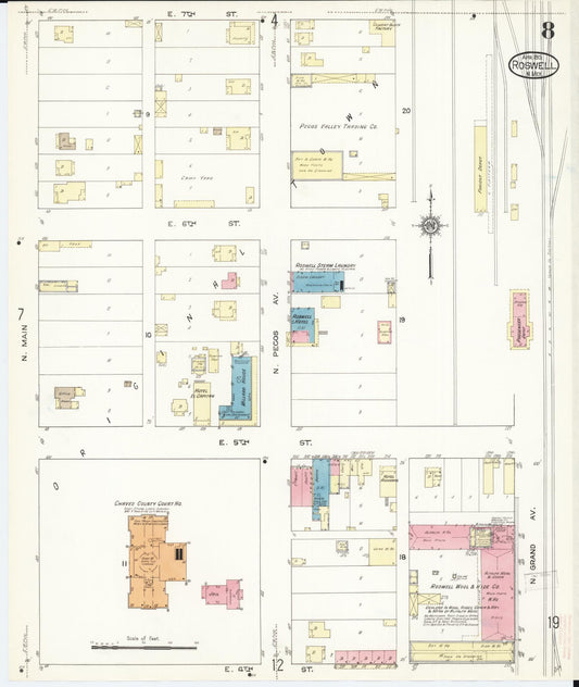 Sanborn Fire Insurance Map from Roswell, Chaves County, New Mexico (1913), Sheet #0008 - Historic Sanborn Fire Insurance Map Print, vintage old map wall art, antique decor, genealogy gift, New Mexico New Mexico map