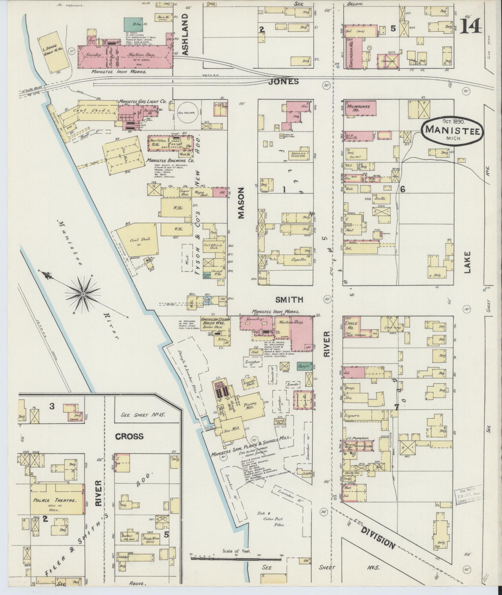 Sanborn Fire Insurance Map from Manistee, Manistee County, Michigan (1890), Sheet #0014 - Complete Map Set gallery image, historic Sanborn map, vintage wall art, Michigan Michigan