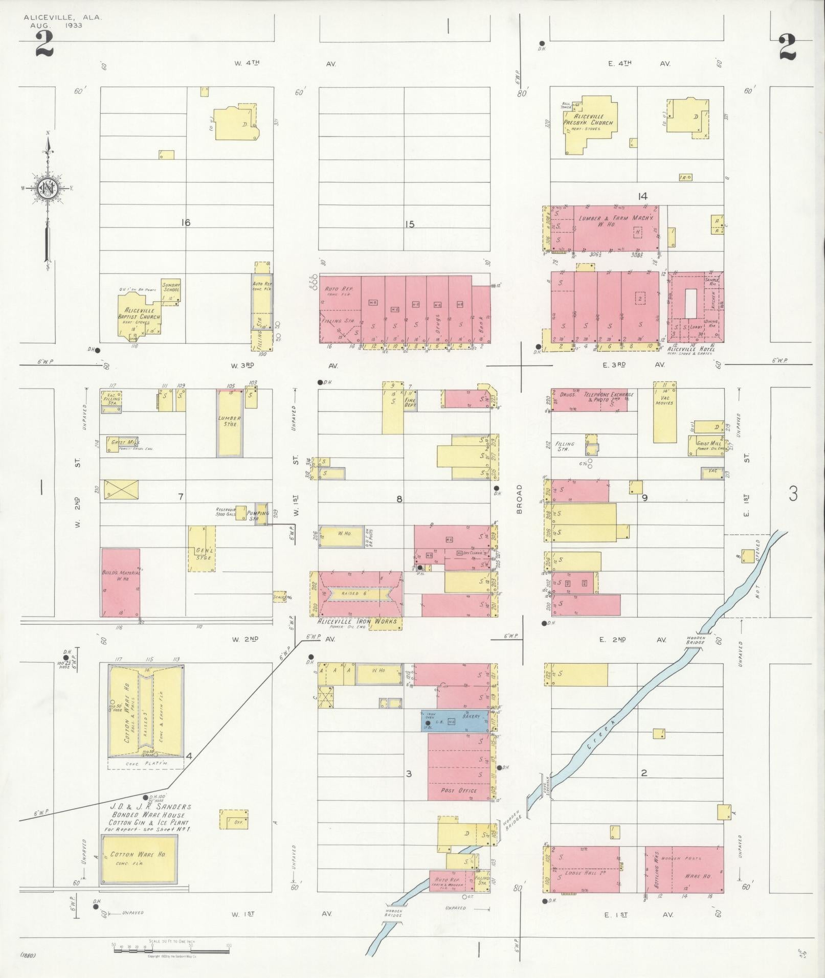 Sanborn Fire Insurance Map from Aliceville, Pickens County, Alabama (1933), Sheet #0002 - Historic Sanborn Fire Insurance Map Print, vintage old map wall art, antique decor, genealogy gift, Alabama Alabama map