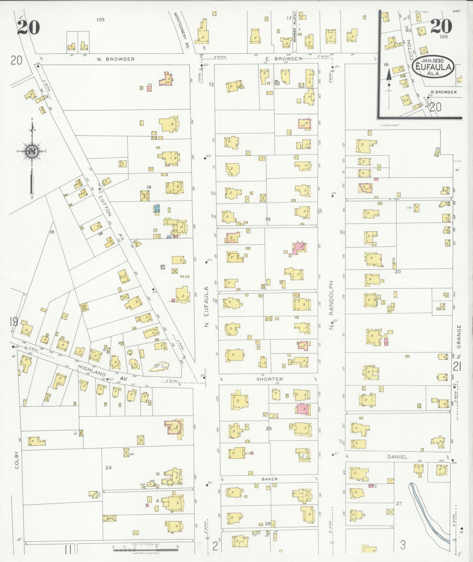 Sanborn Fire Insurance Map from Eufaula, Barbour County, Alabama (1930), Sheet #0020 - Historic Sanborn Fire Insurance Map Print, vintage old map wall art, antique decor, genealogy gift, Alabama Alabama map
