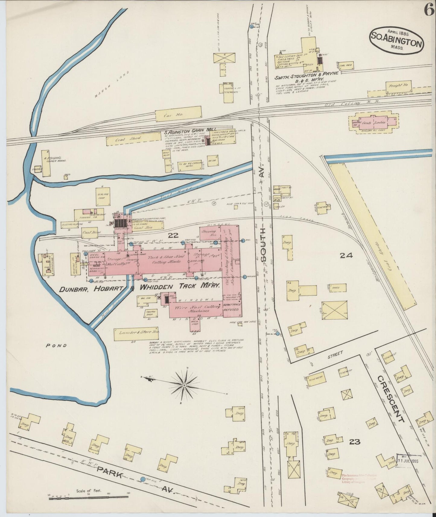 Sanborn Fire Insurance Map from South Abington, Plymouth County, Massachusetts (1885), Sheet #0006 - Historic Sanborn Fire Insurance Map Print, vintage old map wall art, antique decor, genealogy gift, Massachusetts Massachusetts map