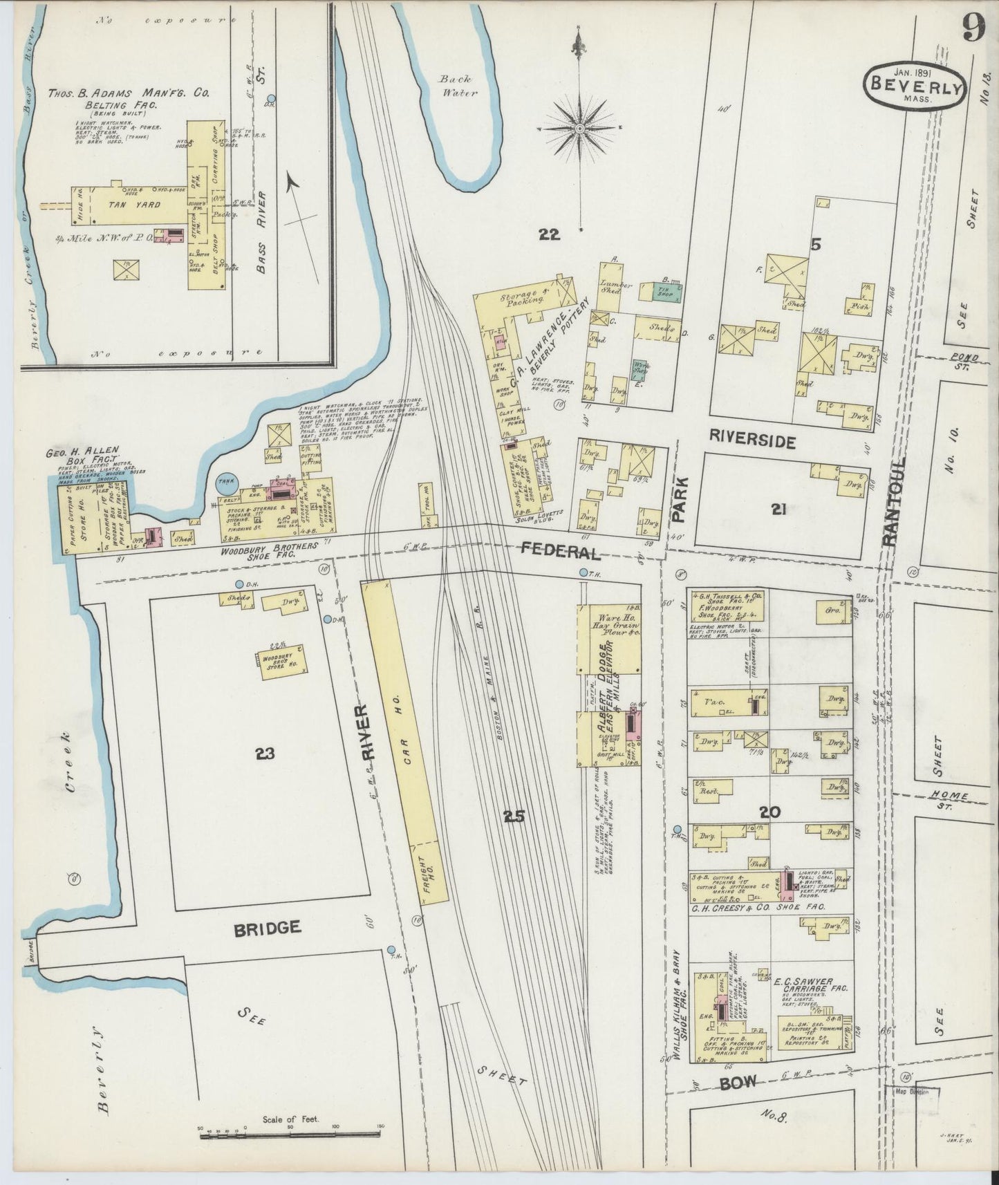 Sanborn Fire Insurance Map from Beverly, Essex County, Massachusetts (1891), Sheet #0009 - Historic Sanborn Fire Insurance Map Print, vintage old map wall art, antique decor, genealogy gift, Massachusetts Massachusetts map