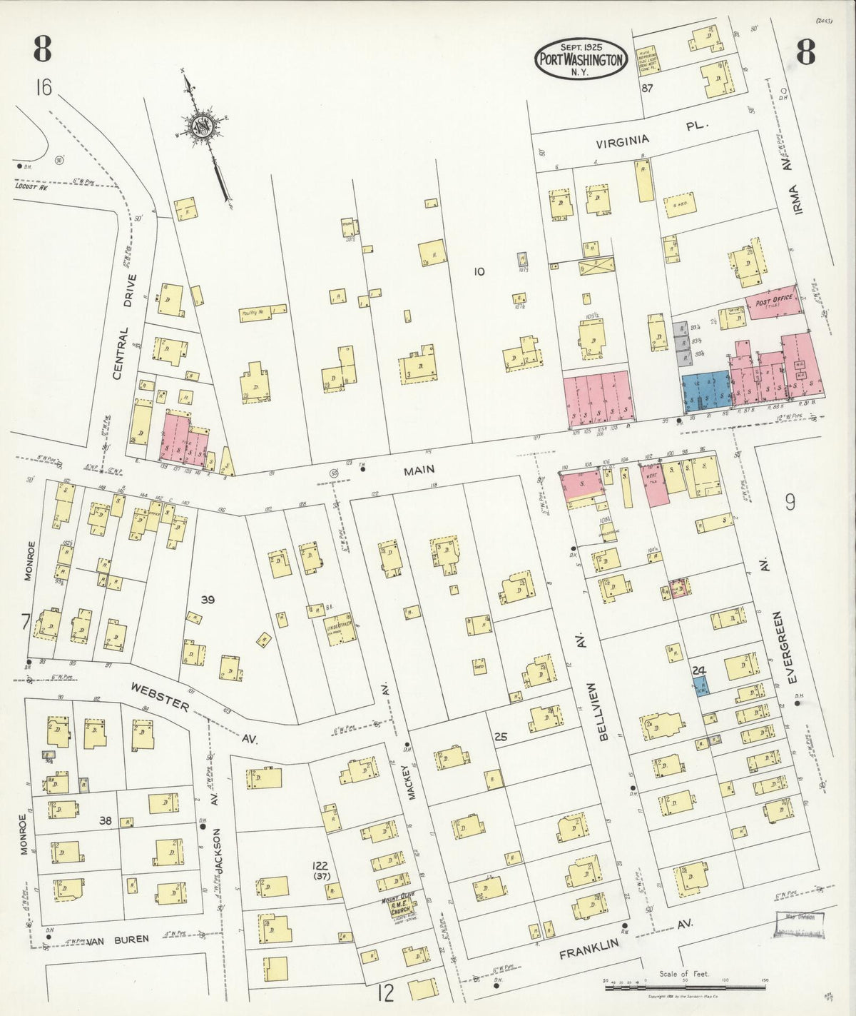 Sanborn Fire Insurance Map from Port Washington, Nassau County, New York (1925), Sheet #0008 - Historic Sanborn Fire Insurance Map Print, vintage old map wall art, antique decor, genealogy gift, New York New York map