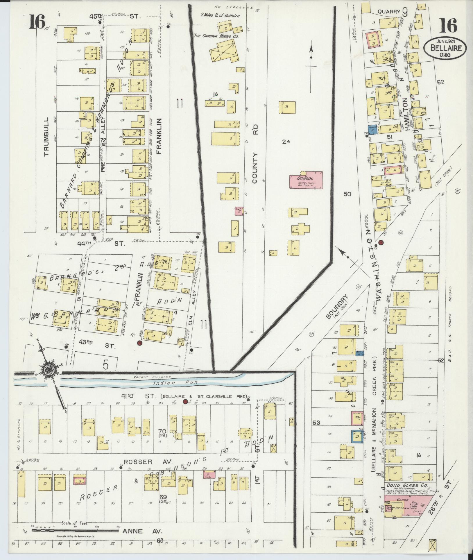 Sanborn Fire Insurance Map from Bellaire, Belmont County, Ohio (1924), Sheet #0016 - Historic Sanborn Fire Insurance Map Print, vintage old map wall art, antique decor, genealogy gift, Ohio Ohio map