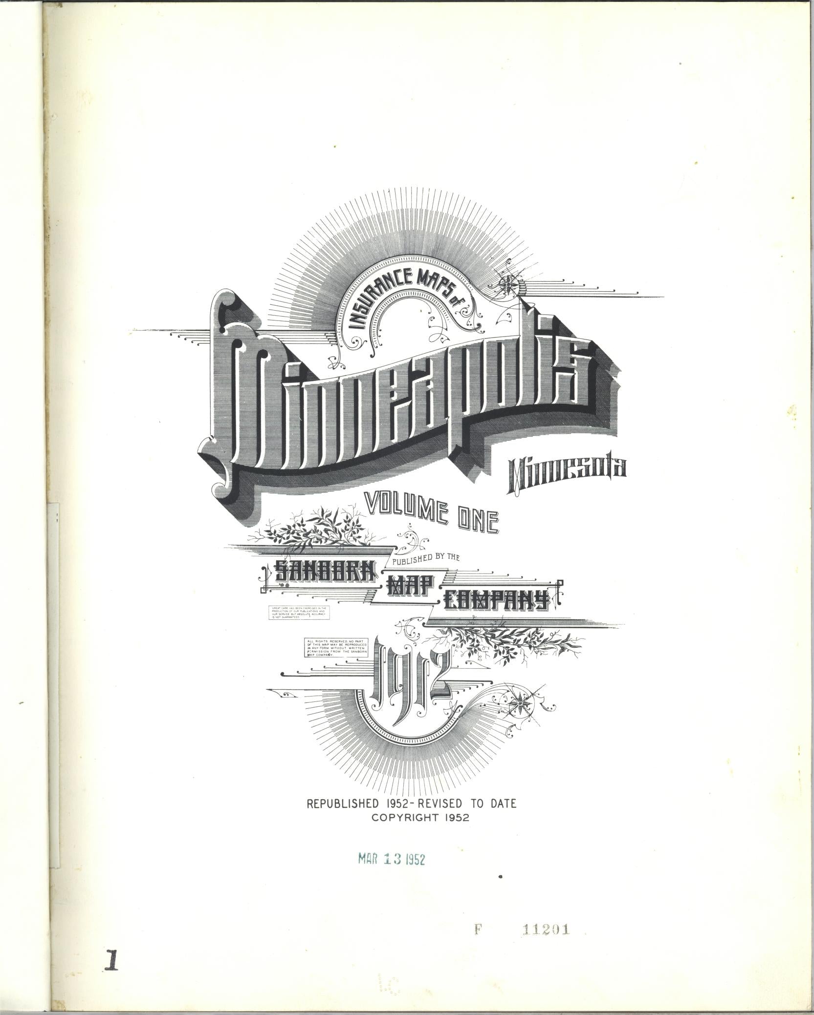 Sanborn Fire Insurance Map from Minneapolis, Hennepin County, Minnesota (1952), Sheet #0001 - Historic Sanborn Fire Insurance Map Print, vintage old map wall art, antique decor, genealogy gift, Minnesota Minnesota map