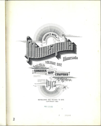 Sanborn Fire Insurance Map from Minneapolis, Hennepin County, Minnesota (1952), Sheet #0001 - Historic Sanborn Fire Insurance Map Print, vintage old map wall art, antique decor, genealogy gift, Minnesota Minnesota map