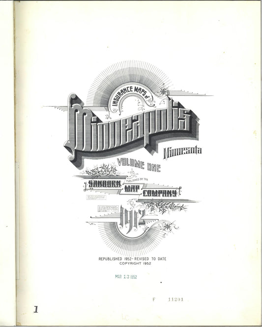 Sanborn Fire Insurance Map from Minneapolis, Hennepin County, Minnesota (1952), Sheet #0001 - Historic Sanborn Fire Insurance Map Print, vintage old map wall art, antique decor, genealogy gift, Minnesota Minnesota map