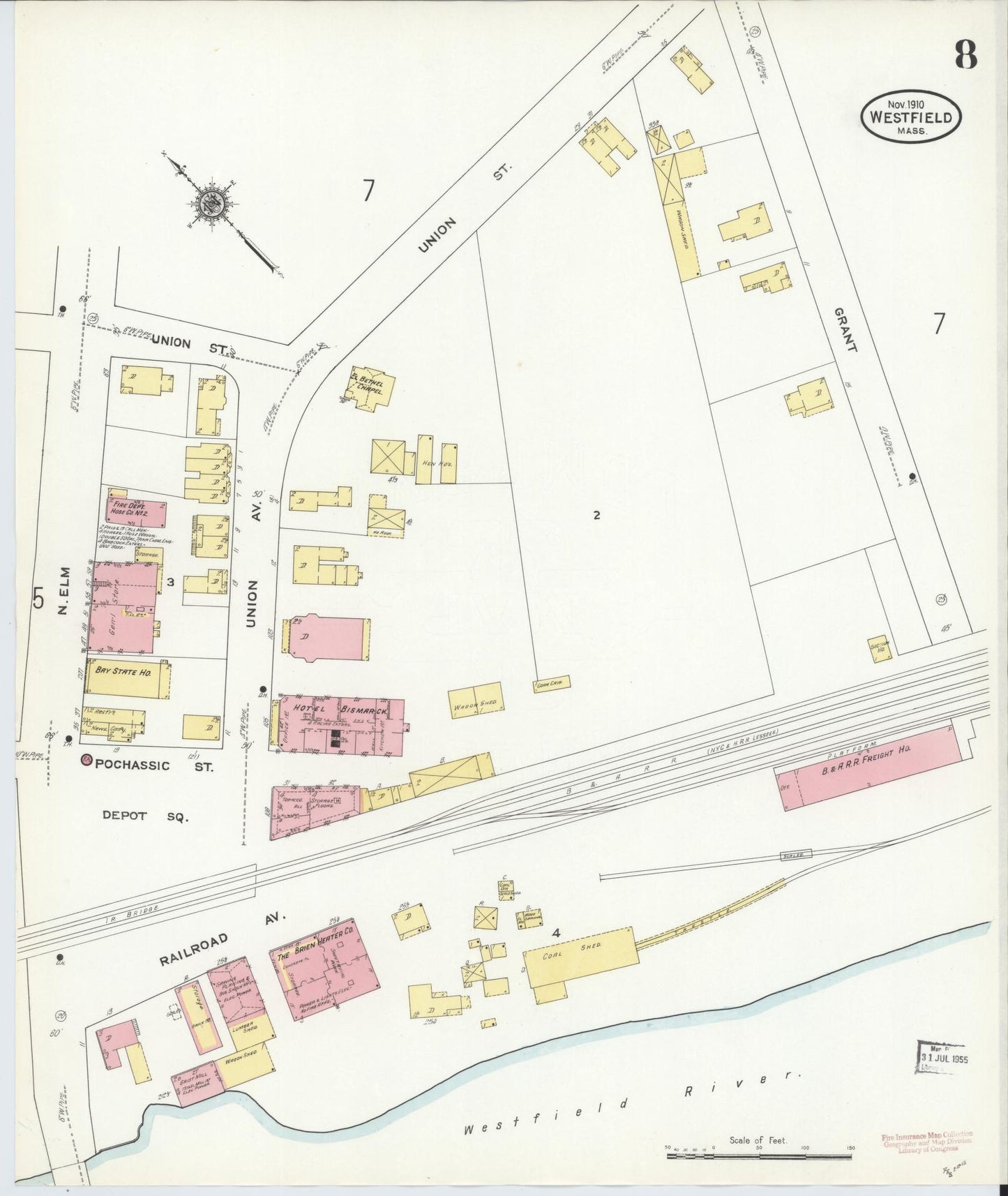 Sanborn Fire Insurance Map from Westfield, Hampden County, Massachusetts (1910), Sheet #0008 - Complete Map Set gallery image, historic Sanborn map, vintage wall art, Massachusetts Massachusetts