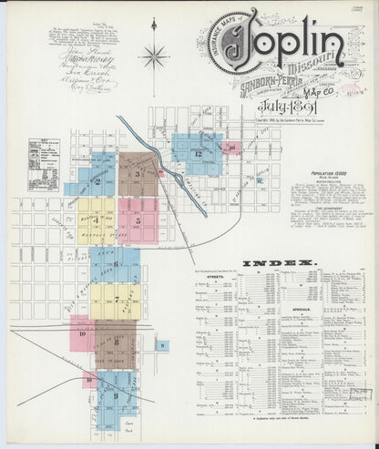 Sanborn Fire Insurance Map from Joplin, Jasper County, Missouri (1891), Sheet #0001 - Historic Sanborn Fire Insurance Map Print, vintage old map wall art, antique decor, genealogy gift, Missouri Missouri map