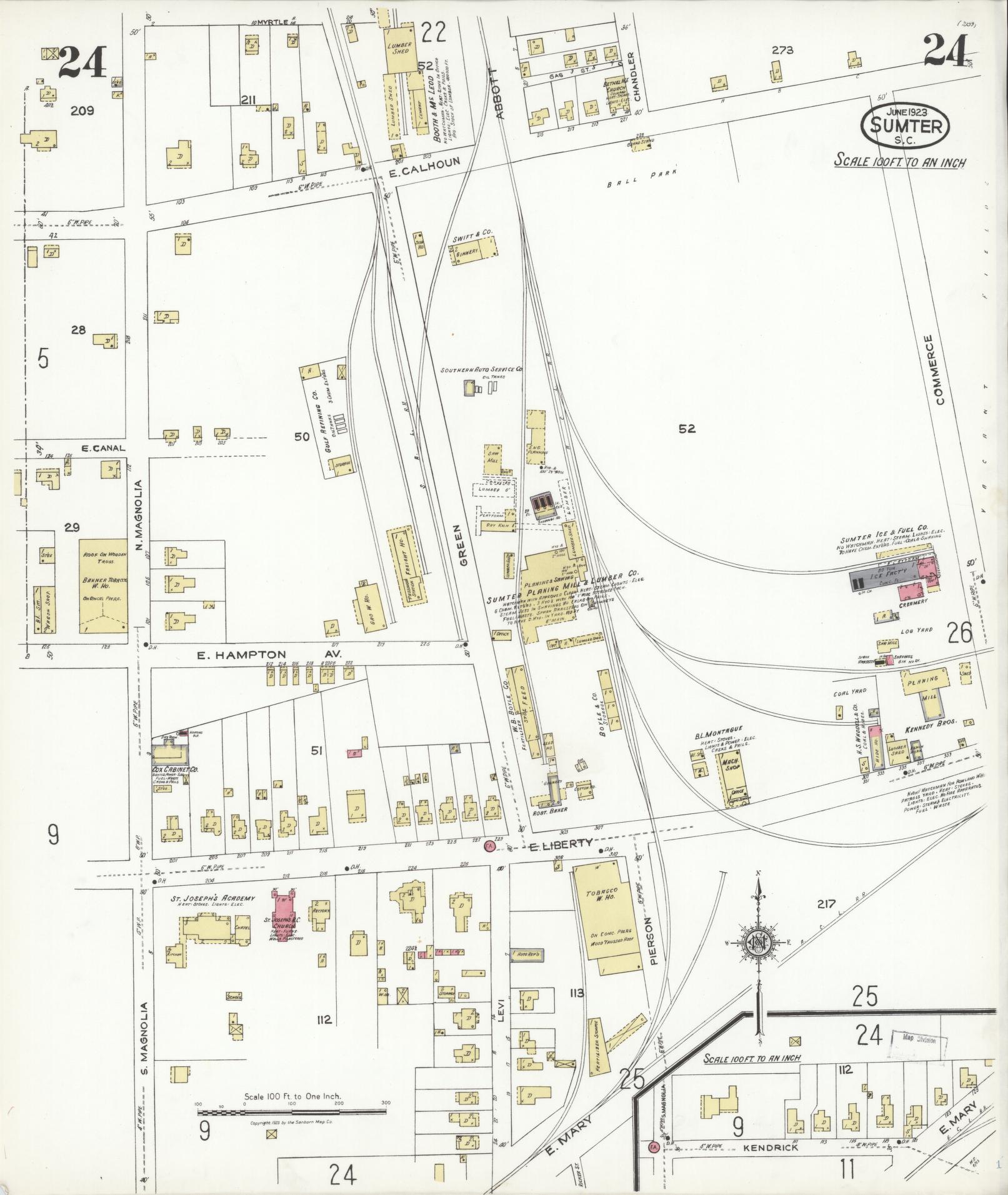 Sanborn Fire Insurance Map from Sumter, Sumter County, South Carolina (1923), Sheet #0024 - Historic Sanborn Fire Insurance Map Print, vintage old map wall art, antique decor, genealogy gift, South Carolina South Carolina map