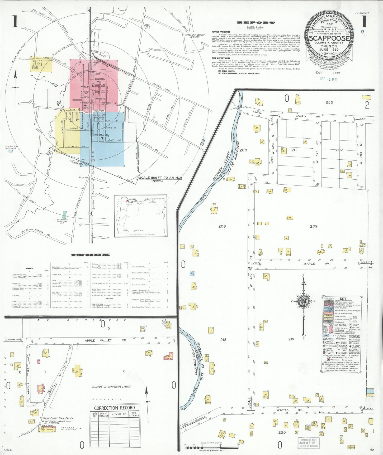 Sanborn Fire Insurance Map from Scappoose, Columbia County, Oregon (1950), Sheet #0001 - Historic Sanborn Fire Insurance Map Print, vintage old map wall art, antique decor, genealogy gift, Oregon Oregon map