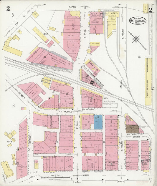 Sanborn Fire Insurance Map from Hattiesburg, Forrest County, Mississippi (1925), Sheet #0002 - Historic Sanborn Fire Insurance Map Print, vintage old map wall art, antique decor, genealogy gift, Mississippi Mississippi map