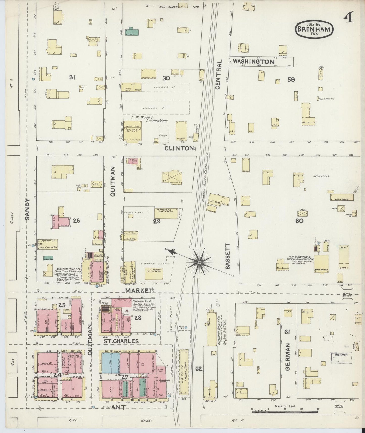 Sanborn Fire Insurance Map from Brenham, Washington County, Texas (1891), Sheet #0004 - Historic Sanborn Fire Insurance Map Print, vintage old map wall art, antique decor, genealogy gift, Texas Texas map