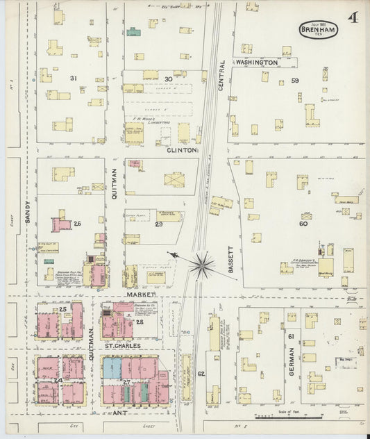 Sanborn Fire Insurance Map from Brenham, Washington County, Texas (1891), Sheet #0004 - Historic Sanborn Fire Insurance Map Print, vintage old map wall art, antique decor, genealogy gift, Texas Texas map