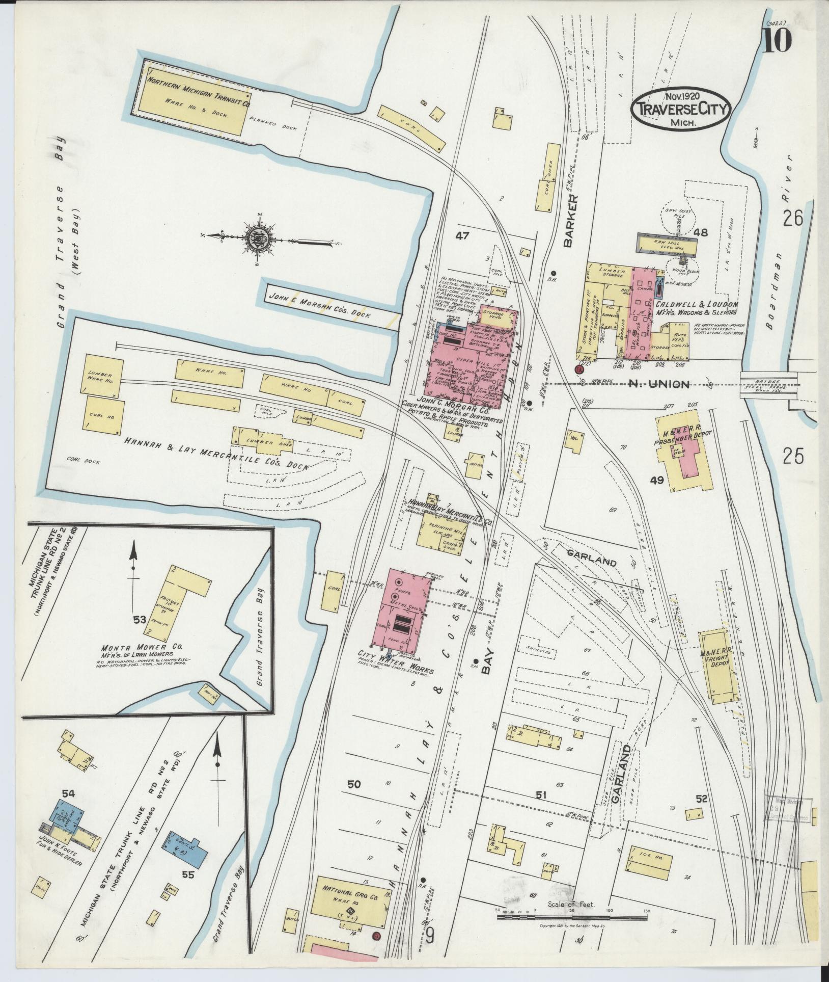 Sanborn Fire Insurance Map from Traverse City, Grand Traverse County, Michigan (1920), Sheet #0010 - Complete Map Set gallery image, historic Sanborn map, vintage wall art, Michigan Michigan