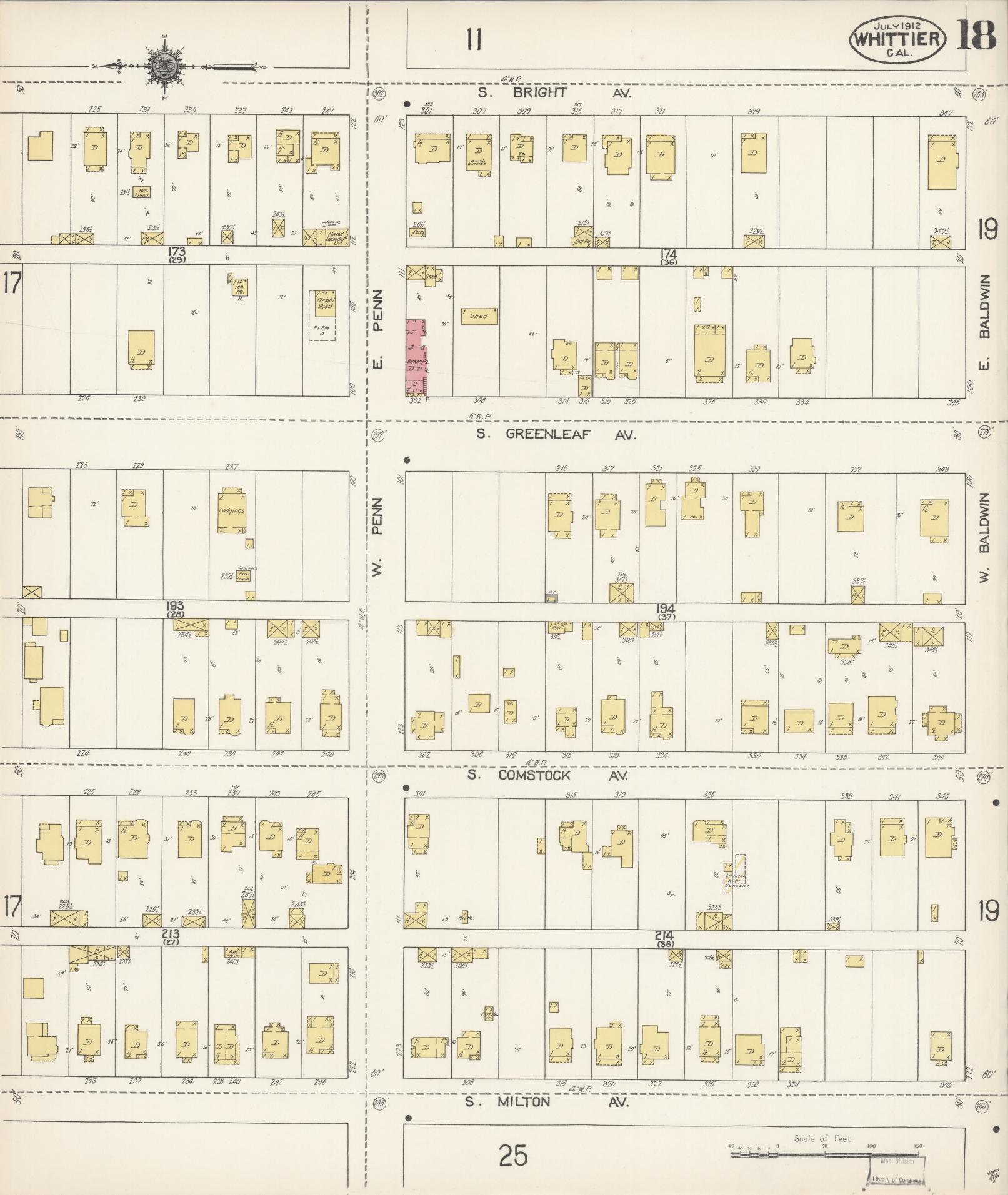 Sanborn Fire Insurance Map from Whittier, Los Angeles County, California (1912), Sheet #0018 - Complete Map Set gallery image, historic Sanborn map, vintage wall art, California California