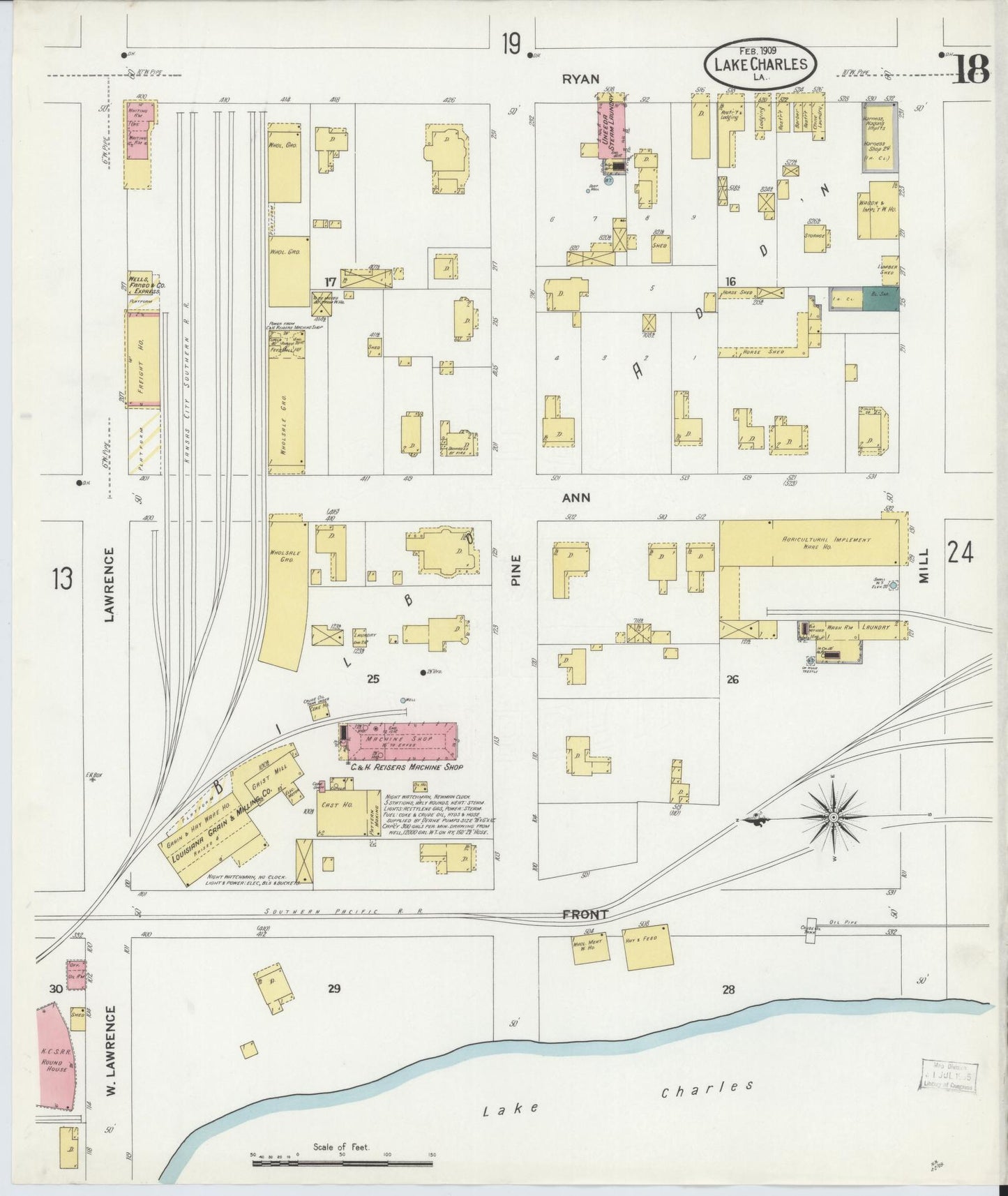 Sanborn Fire Insurance Map from Lake Charles, Calcasieu Parish, Louisiana (1909), Sheet #0018 - Historic Sanborn Fire Insurance Map Print, vintage old map wall art, antique decor, genealogy gift, Louisiana Louisiana map