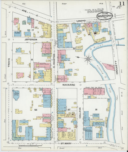 Sanborn Fire Insurance Map from San Antonio, Bexar County, Texas (1892), Sheet #0011 - Historic Sanborn Fire Insurance Map Print, vintage old map wall art, antique decor, genealogy gift, Texas Texas map