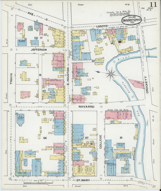 Sanborn Fire Insurance Map from San Antonio, Bexar County, Texas (1892), Sheet #0011 - Historic Sanborn Fire Insurance Map Print, vintage old map wall art, antique decor, genealogy gift, Texas Texas map