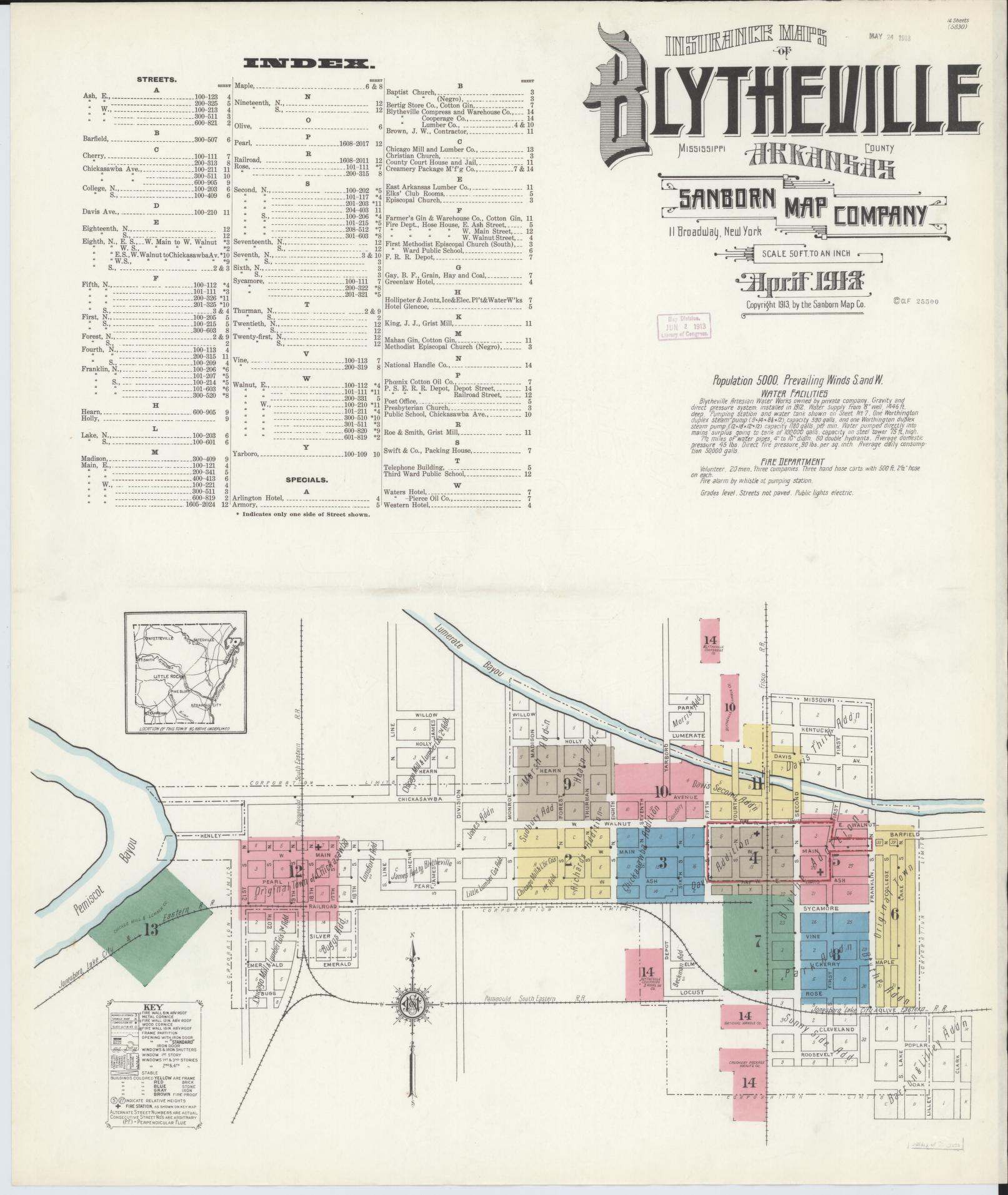Sanborn Fire Insurance Map from Blytheville, Mississippi County, Arkansas (1913), Sheet #0001 - Complete Map Set gallery image, historic Sanborn map, vintage wall art, Arkansas Arkansas