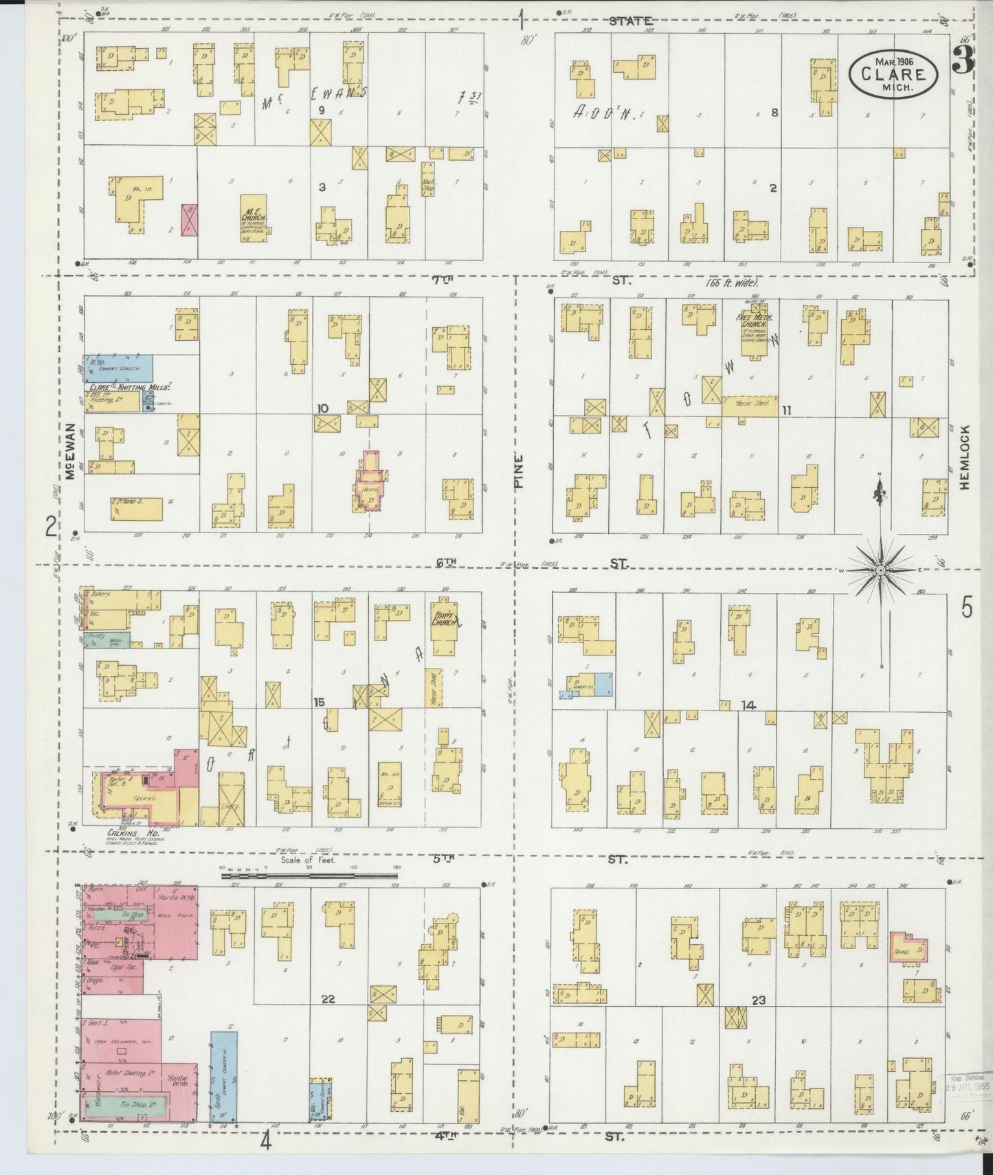 Sanborn Fire Insurance Map from Clare, Clare County, Michigan (1906), Sheet #0003 - Historic Sanborn Fire Insurance Map Print, vintage old map wall art, antique decor, genealogy gift, Michigan Michigan map