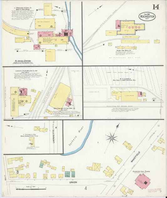 Sanborn Fire Insurance Map from Rochester, Strafford County, New Hampshire (1908), Sheet #0014 - Historic Sanborn Fire Insurance Map Print, vintage old map wall art, antique decor, genealogy gift, New Hampshire New Hampshire map