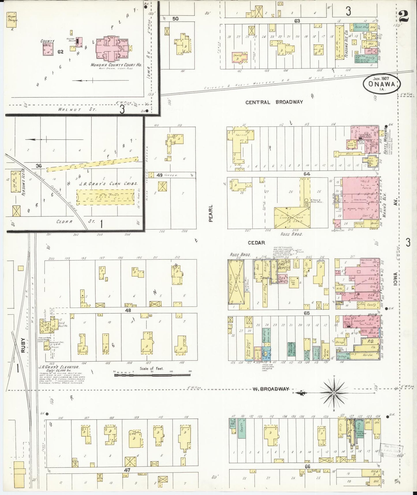 Sanborn Fire Insurance Map from Onawa, Monona County, Iowa (1907), Sheet #0002 - Historic Sanborn Fire Insurance Map Print, vintage old map wall art