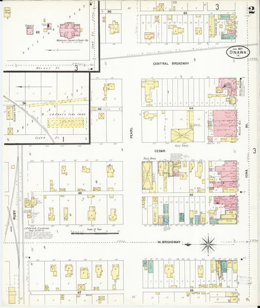 Sanborn Fire Insurance Map from Onawa, Monona County, Iowa (1907), Sheet #0002 - Historic Sanborn Fire Insurance Map Print, vintage old map wall art