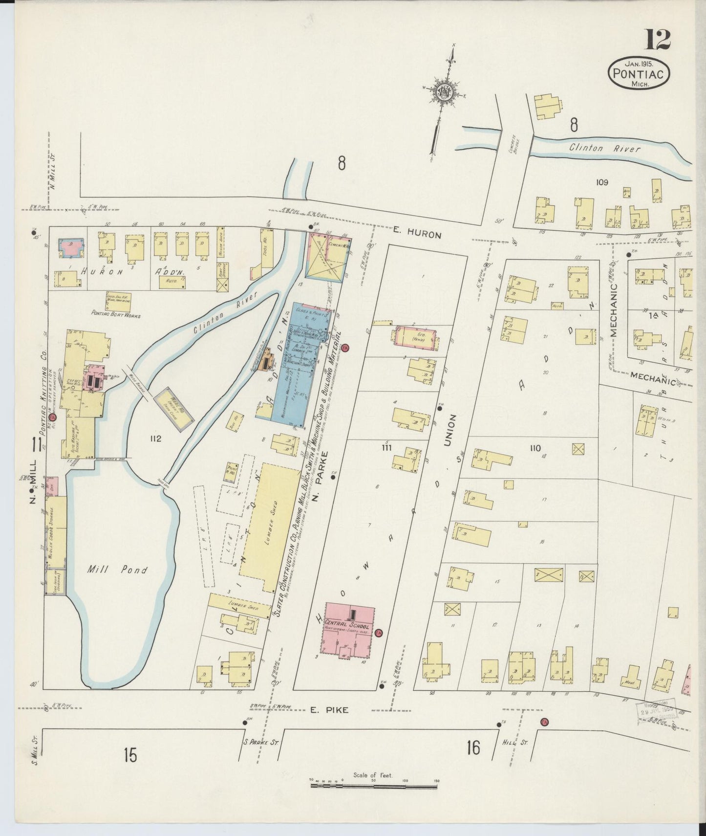 Sanborn Fire Insurance Map from Pontiac, Oakland County, Michigan (1915), Sheet #0012 - Complete Map Set gallery image, historic Sanborn map, vintage wall art, Michigan Michigan