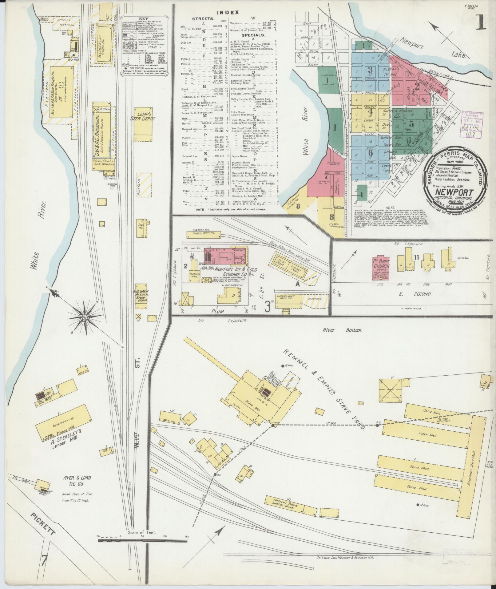Sanborn Fire Insurance Map from Newport, Jackson County, Arkansas (1901), Sheet #0001 - Historic Sanborn Fire Insurance Map Print, vintage old map wall art, antique decor, genealogy gift, Arkansas Arkansas map