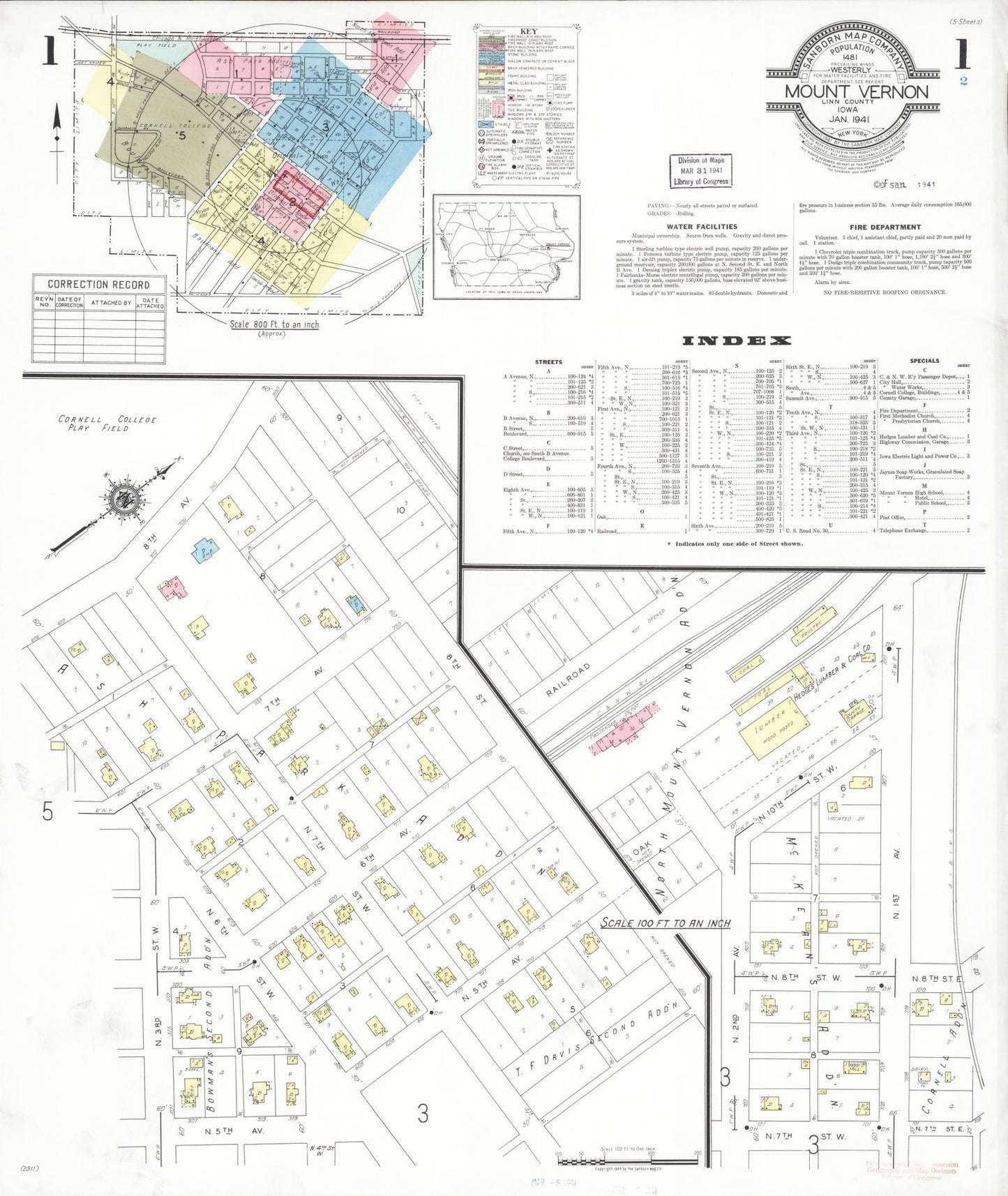 Sanborn Fire Insurance Map from Mount Vernon, Linn County, Iowa (1941), Sheet #0001 - Historic Sanborn Fire Insurance Map Print