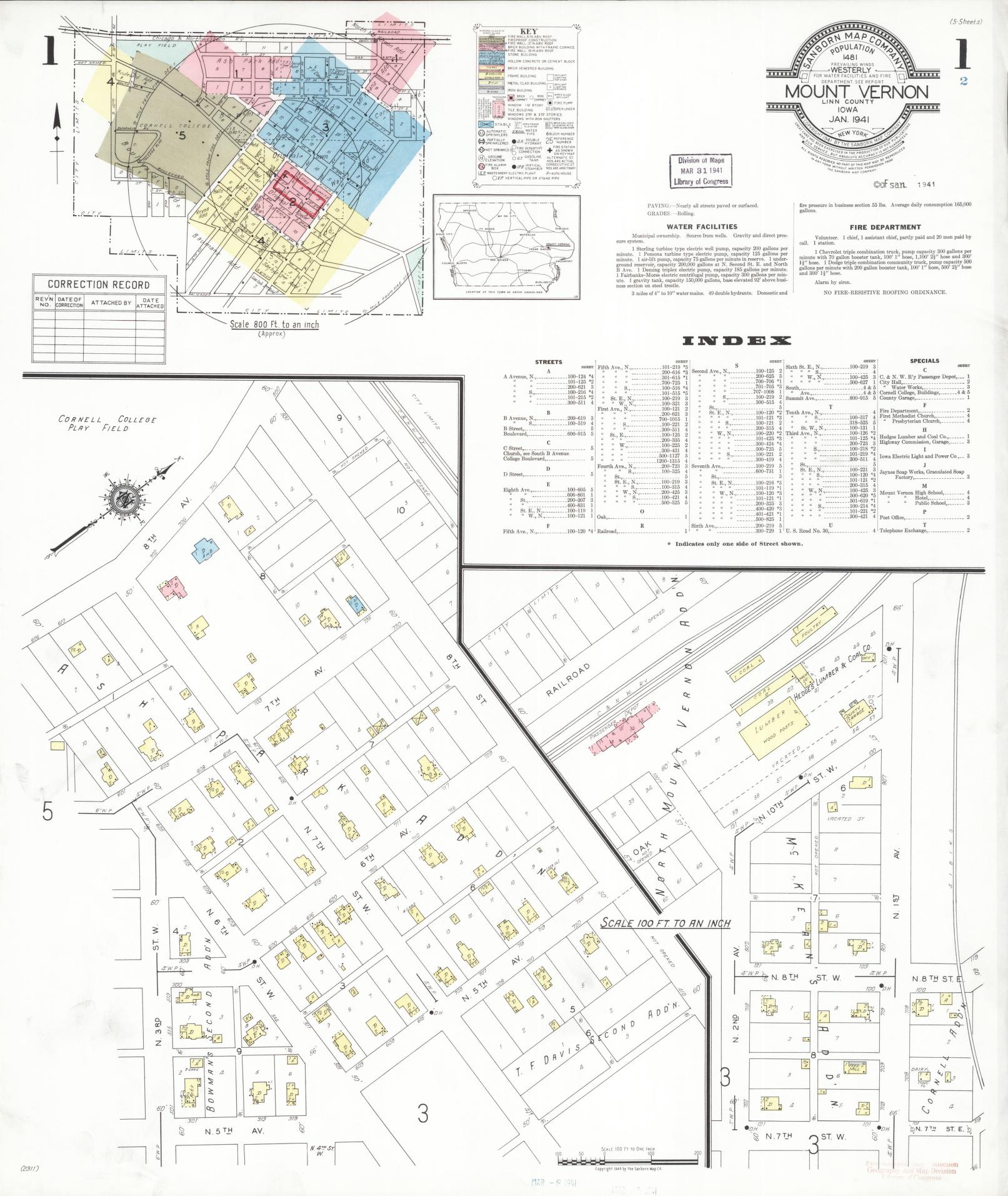 Sanborn Fire Insurance Map from Mount Vernon, Linn County, Iowa (1941), Sheet #0001 - Historic Sanborn Fire Insurance Map Print