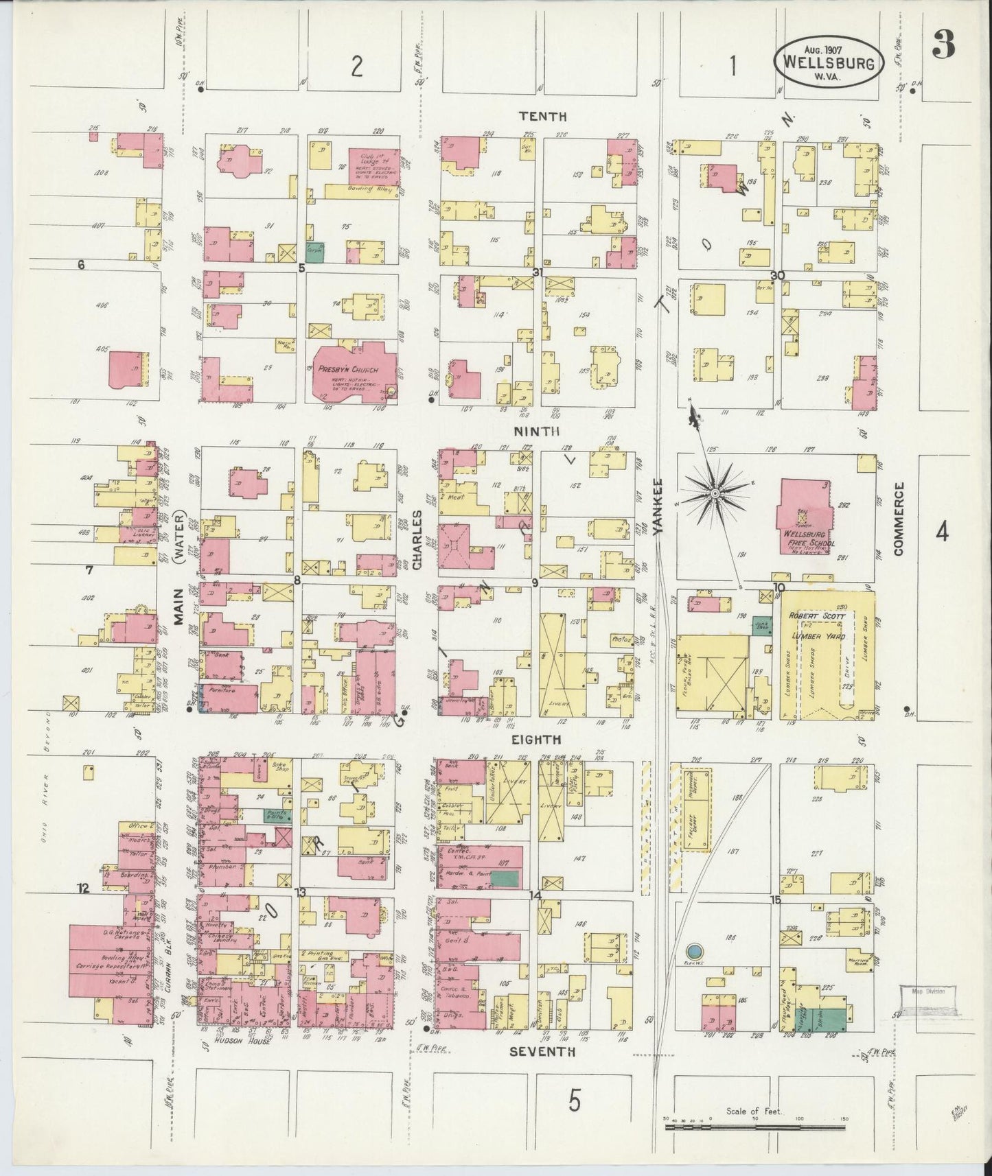 Sanborn Fire Insurance Map from Wellsburg, Brooke County, West Virginia (1907), Sheet #0003 - Historic Sanborn Fire Insurance Map Print, vintage old map wall art, antique decor, genealogy gift, West Virginia West Virginia map