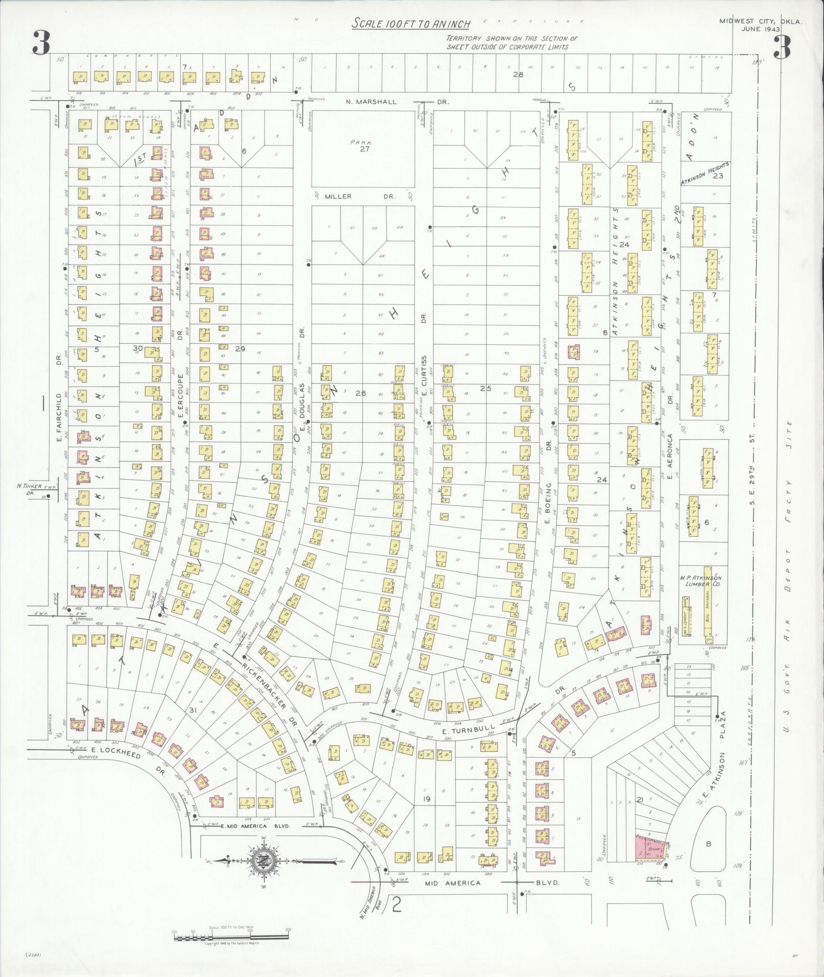 Sanborn Fire Insurance Map from Midwest City, Oklahoma County, Oklahoma (1943), Sheet #0003 - Complete Map Set gallery image, historic Sanborn map, vintage wall art, Midwest City Oklahoma