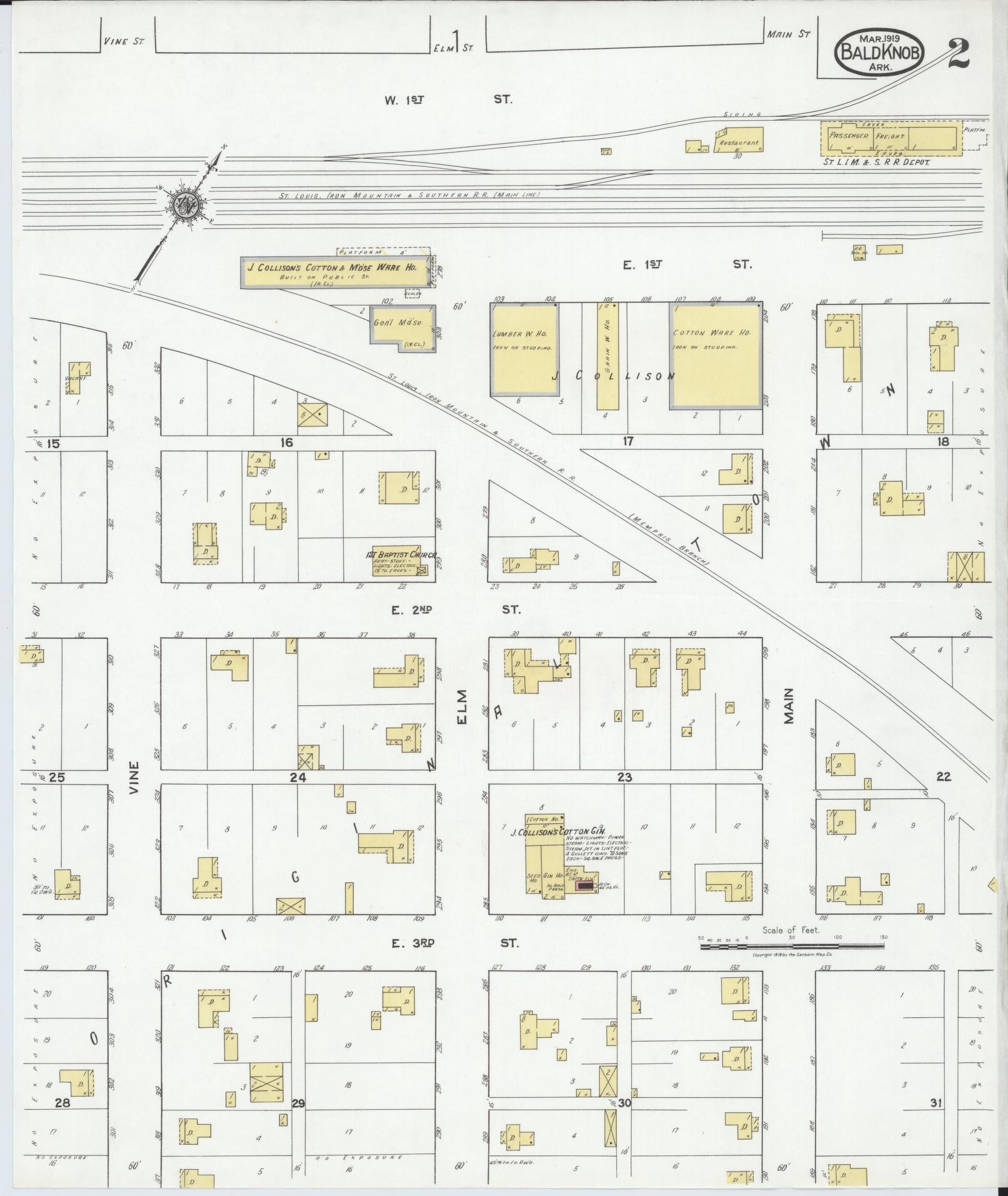 Sanborn Fire Insurance Map from Bald Knob, White County, Arkansas (1919), Sheet #0002 - Historic Sanborn Fire Insurance Map Print, vintage old map wall art, antique decor, genealogy gift, Arkansas Arkansas map