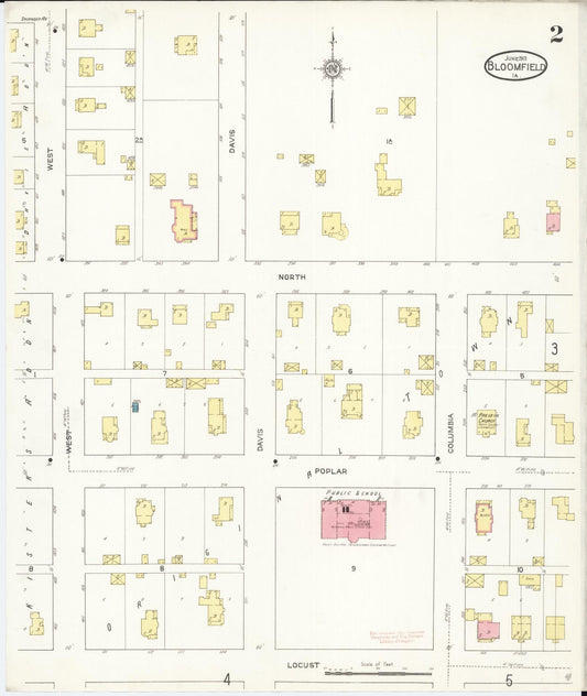 Sanborn Fire Insurance Map from Bloomfield, Davis County, Iowa (1913), Sheet #0002 - Historic Sanborn Fire Insurance Map Print, vintage old map wall art