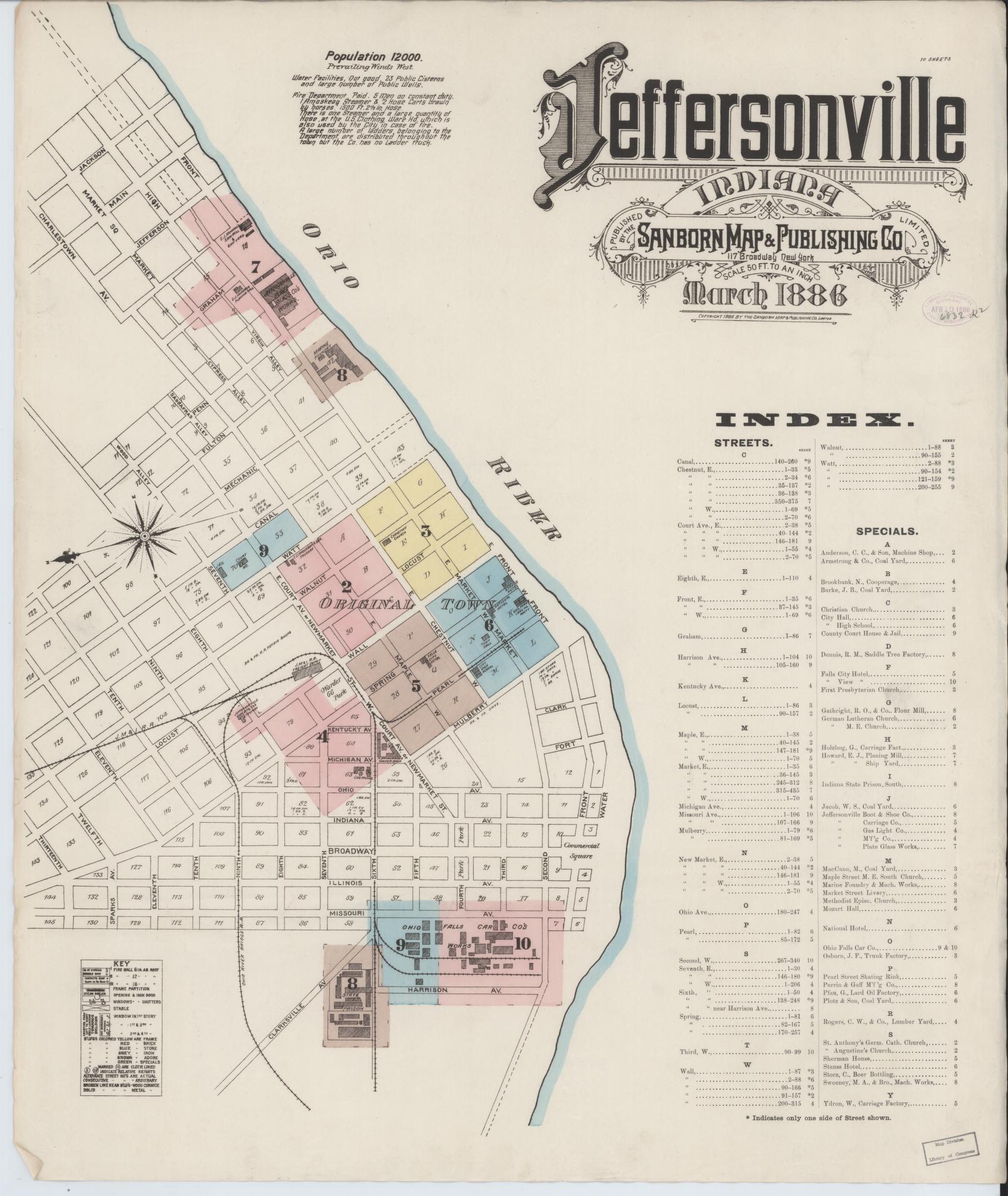 Sanborn Fire Insurance Map from Jeffersonville, Clark County, Indiana (1886), Sheet #0001 - Complete Map Set gallery image, historic Sanborn map, vintage wall art, Indiana Indiana