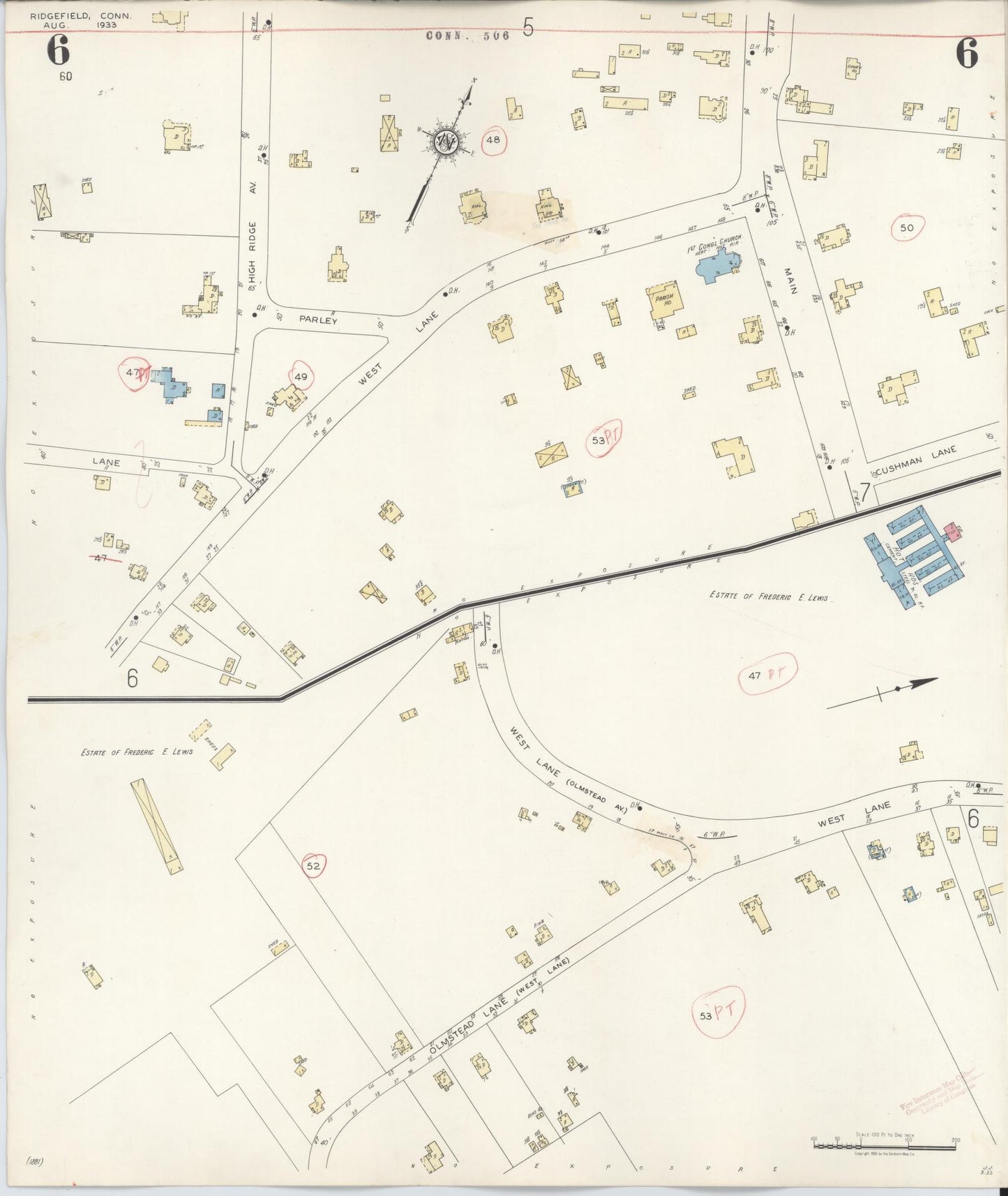 Sanborn Fire Insurance Map from Ridgefield, Fairfield County, Connecticut (1940), Sheet #0006 - Complete Map Set gallery image, historic Sanborn map, vintage wall art, Connecticut Connecticut