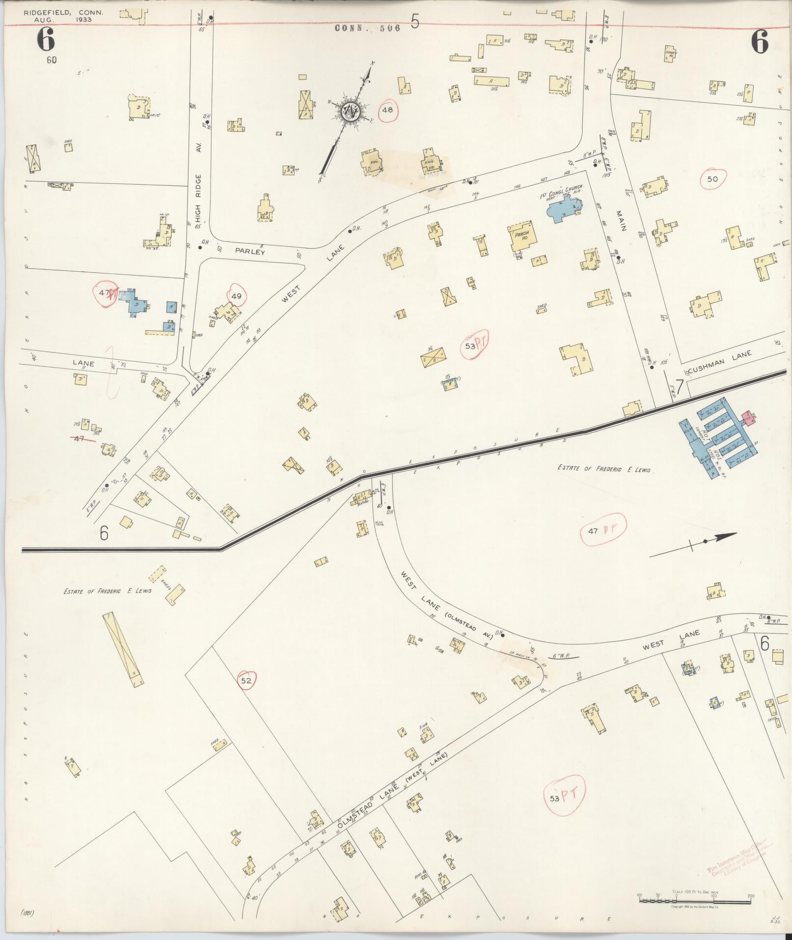 Sanborn Fire Insurance Map from Ridgefield, Fairfield County, Connecticut (1940), Sheet #0006 - Complete Map Set gallery image, historic Sanborn map, vintage wall art, Connecticut Connecticut