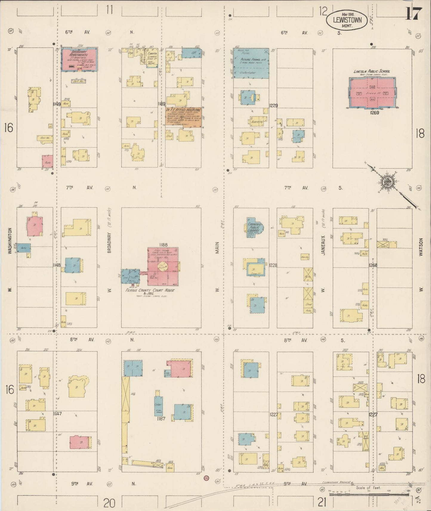 Sanborn Fire Insurance Map from Lewistown, Fergus County, Montana (1916), Sheet #0017 - Historic Sanborn Fire Insurance Map Print, vintage old map wall art, antique decor, genealogy gift, Montana Montana map
