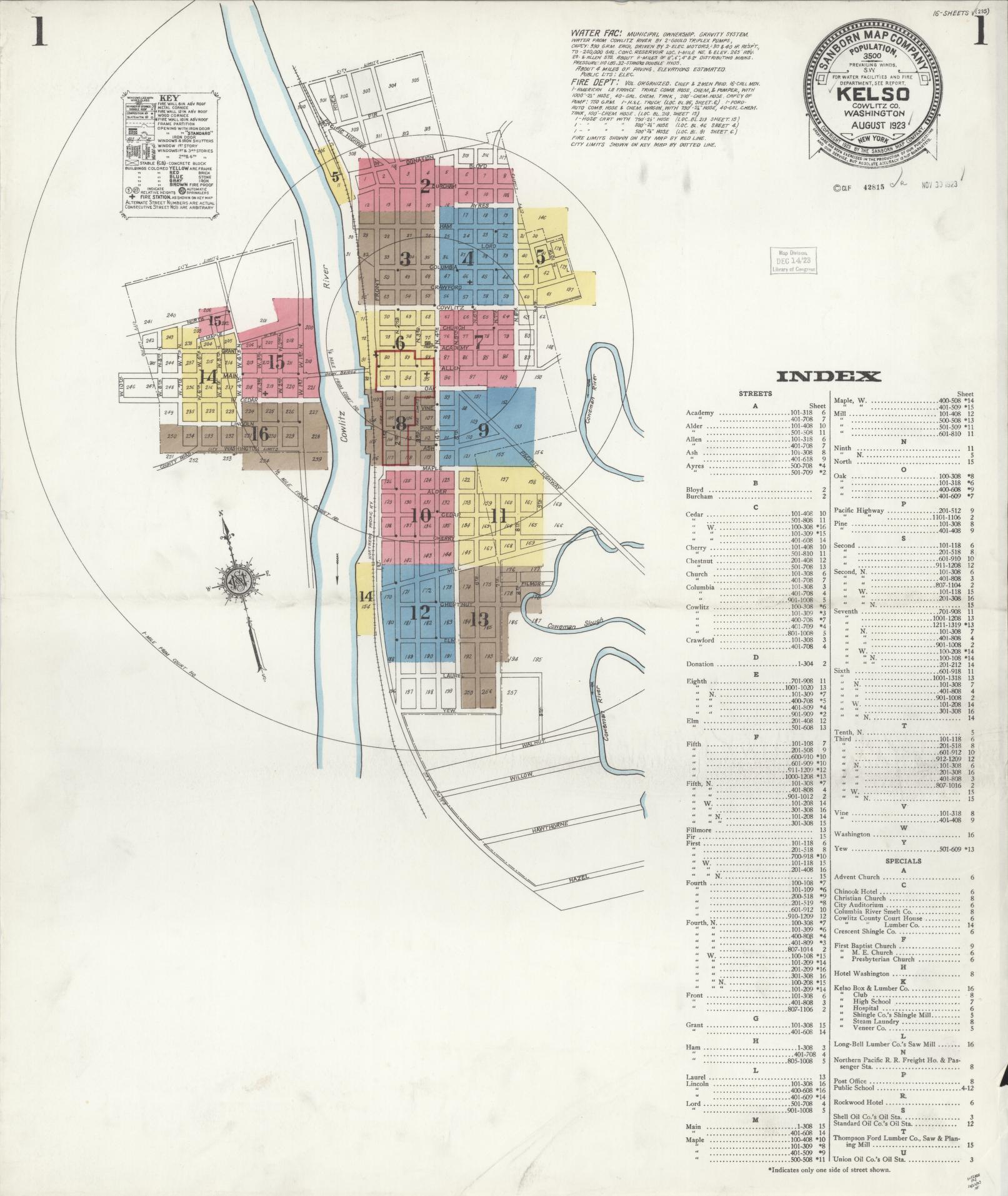 Sanborn Fire Insurance Map from Kelso, Cowlitz County, Washington (1923), Sheet #0001 - Complete Map Set gallery image, historic Sanborn map, vintage wall art, Washington Washington